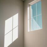 Low angle of window with glazing bars in light simple room with shadow on white wall